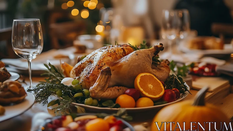 Golden roasted turkey anchors a cozy holiday dinner table.