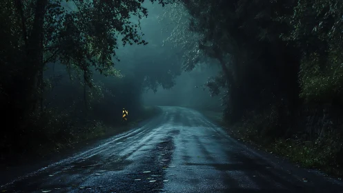 Misty forest road glows softly under a quiet midnight rain.