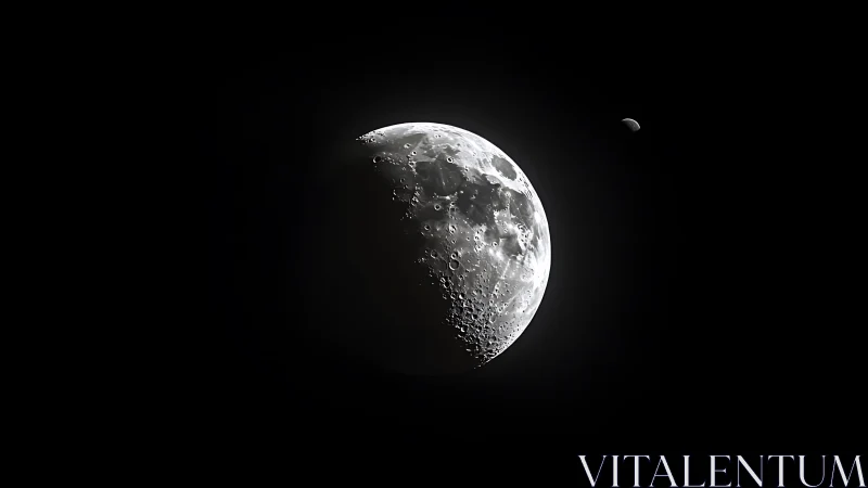 Lunar surface close-up with distant celestial body visible.