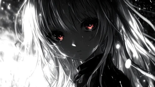 Soft monochrome gaze with ember-bright anime eyes at dusk.