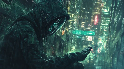 Hooded cyber wanderer exploring neon city secrets at night.