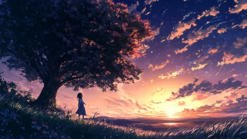 Girl under dreaming tree watching a comet-swept sunset sky.