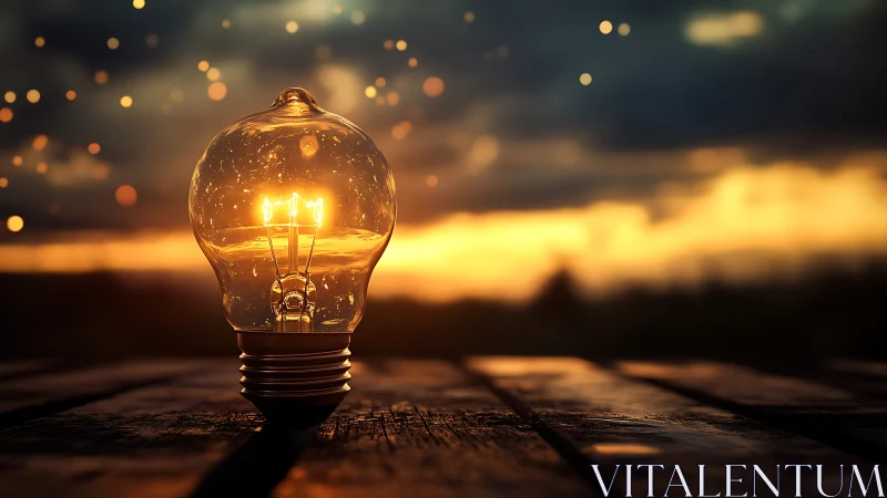 Glowing bulb on weathered wood at cinematic sunset horizon.