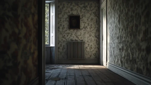 Sunlit abandoned hallway with peeling floorboards and radiator