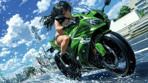 Anime rider powers green sport bike through city rain.