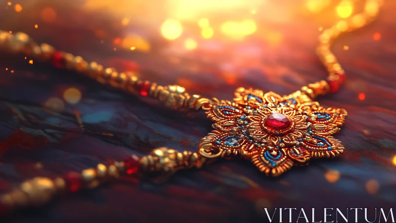 Macro digital jewel pendant on bokeh-lit textile surface.