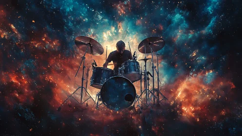 Cosmic drummer commands a glowing nebula stage of sound.