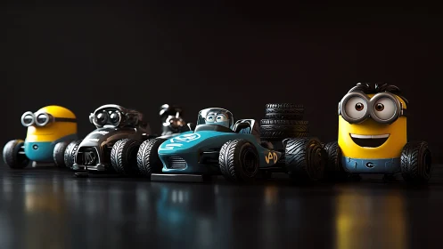 Cartoon racing toys with yellow characters on dark stage.