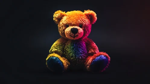 High-saturation plush teddy bear under dramatic rim lighting