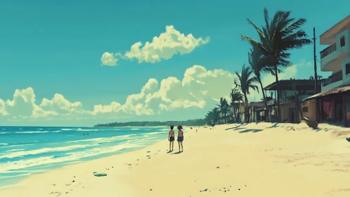 Sunlit seaside stroll along a quiet palm-lined shoreline.