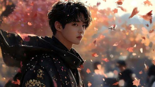 Autumn portrait of young man amid swirling red leaves.