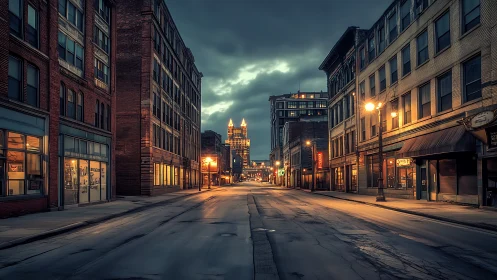 Deserted downtown street glows under moody twilight sky