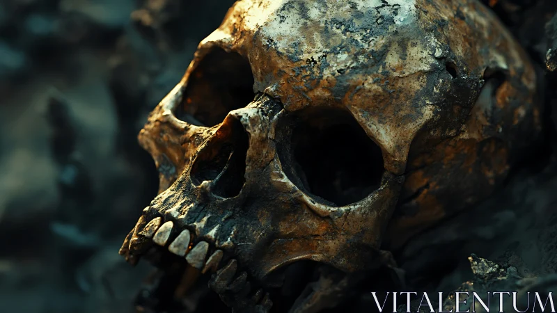 Macro study of weathered human skull in dramatic chiaroscuro.