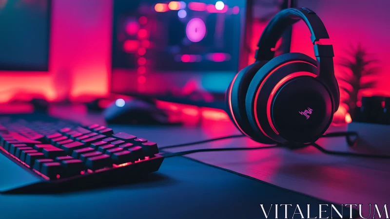 RGB backlit gaming headset and keyboard in neon-lit desktop setup
