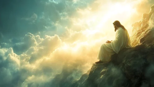 Solitary robed figure on sunlit cliff amid radiant clouds