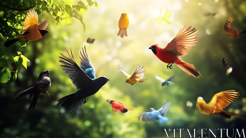 Colorful Songbirds in Flight Through a Sunlit Forest Scene.