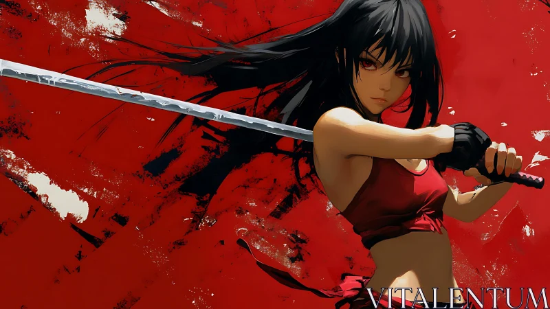 Dynamic katana-ready fighter in red over high-contrast abstract field