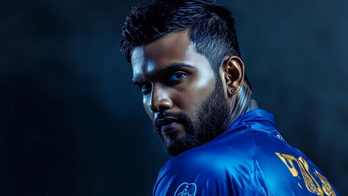 Focused athlete turns back with calm yet determined gaze