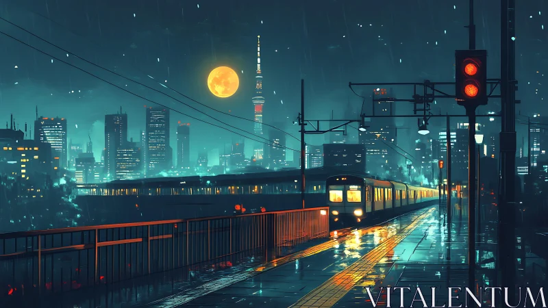 Midnight city train glides through neon rain and moonlight