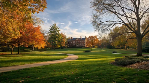 Photorealistic autumn campus lawn with neoclassical brick hall.