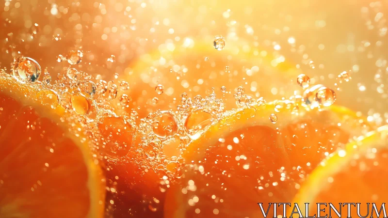 Orange slices are shown underwater with suspended air bubbles