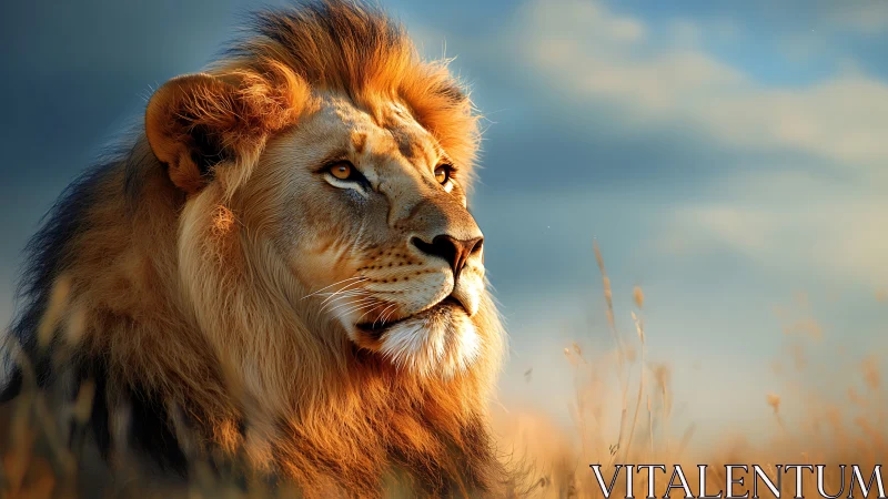 Golden-hour lion watching quiet savanna skies with grace.