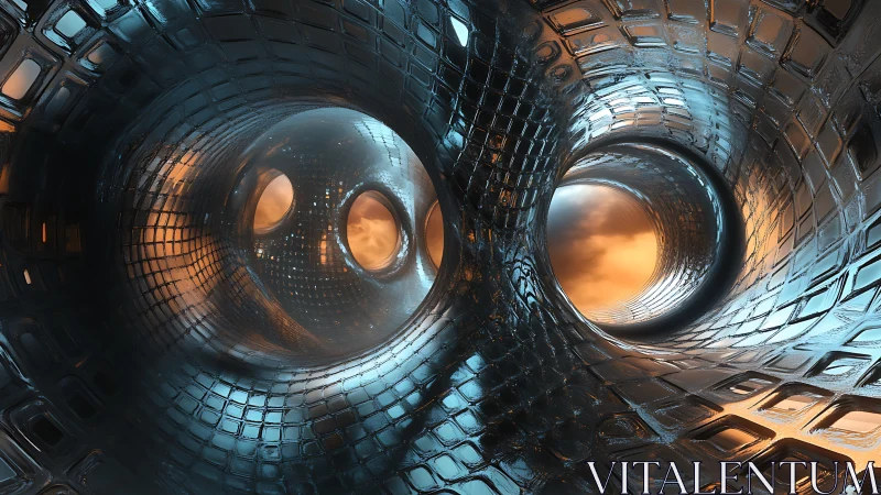 Futuristic metallic tunnels merge around glowing skylights.