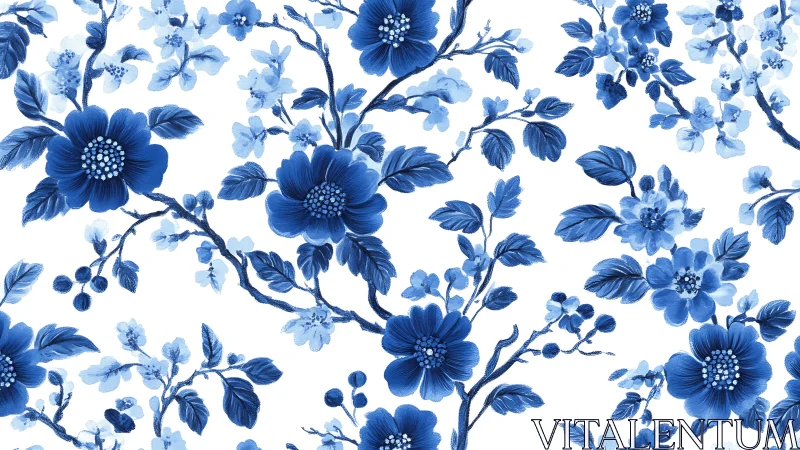 Blue Floral Chinoiserie Pattern with Blooming Branches