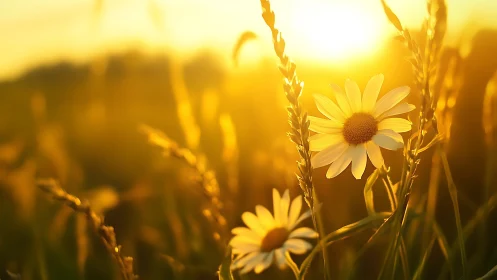 Daisy flowers and grain stalks backlit by low evening sun