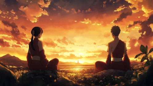 Two robed figures seated before wide sunset landscape.