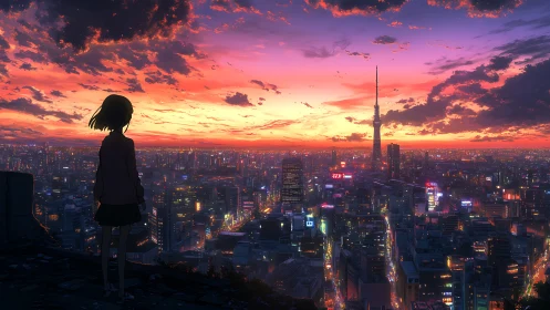 Silhouetted figure observes illuminated high rise city at dusk