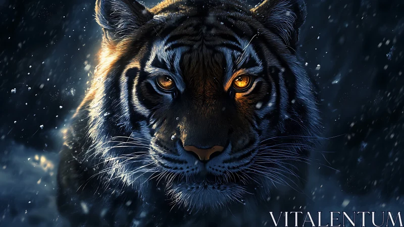 Tiger head fills frame with glowing eyes in snowy darkness