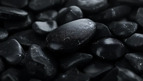 Highly polished black river stones rendered with macro realism