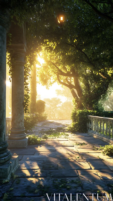 Sunlit ivy colonnade with atmospheric perspective rendering.