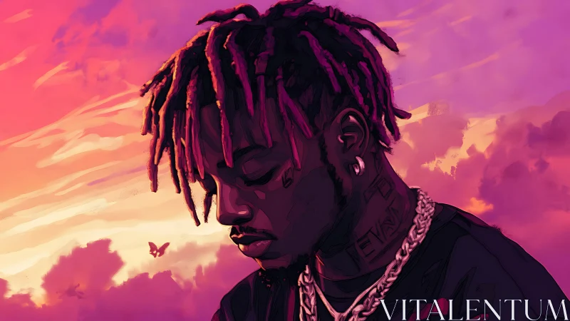 Melancholic portrait against a neon pink twilight sky