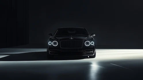 Front-facing luxury sedan isolated in dramatic low-key studio