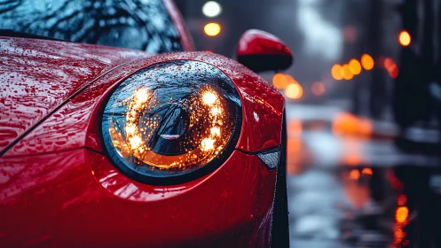 Red sports car headlight glows on wet city street at dusk