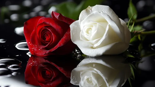 Red and white roses on black reflective surface with water droplets