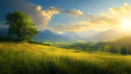 Digital painting landscape with luminous alpine meadow and sunlit valley.