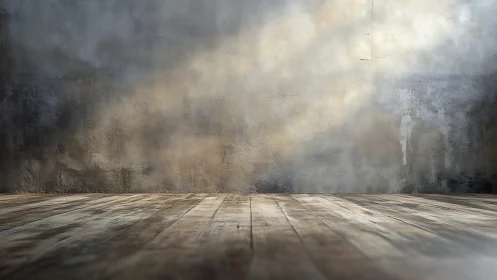 Weathered wooden floor meets textured concrete wall in soft raking light