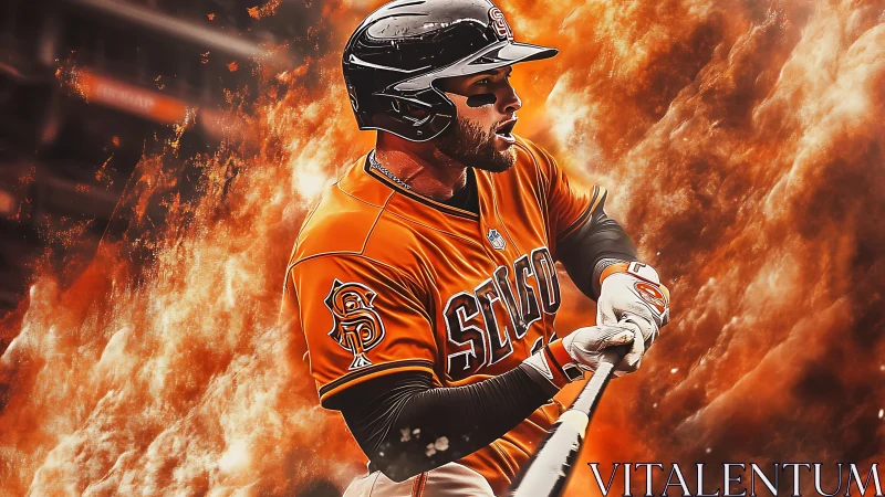 Fiery baseball slugger swings with bold game day energy