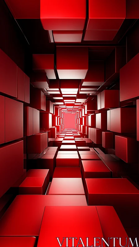Crimson reflective cube tunnel with deep linear perspective.