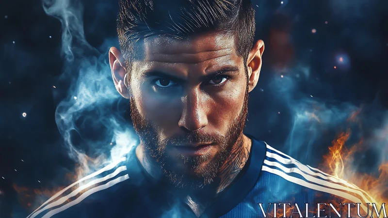 Fire-forged football warrior framed in swirling cosmic smoke.