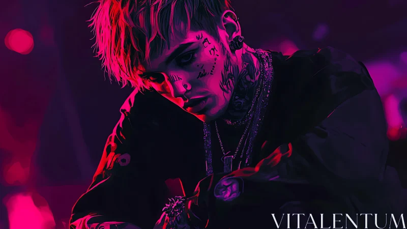 Neon-lit tattooed youth leans forward under magenta glow