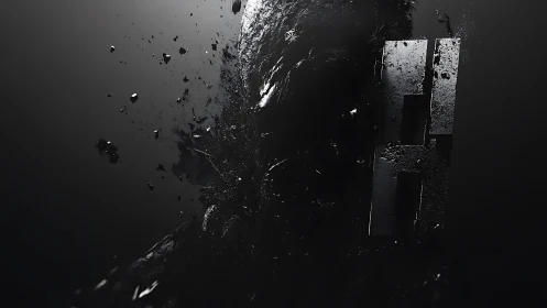 Shattered monolith lunges through shadow and drifting debris