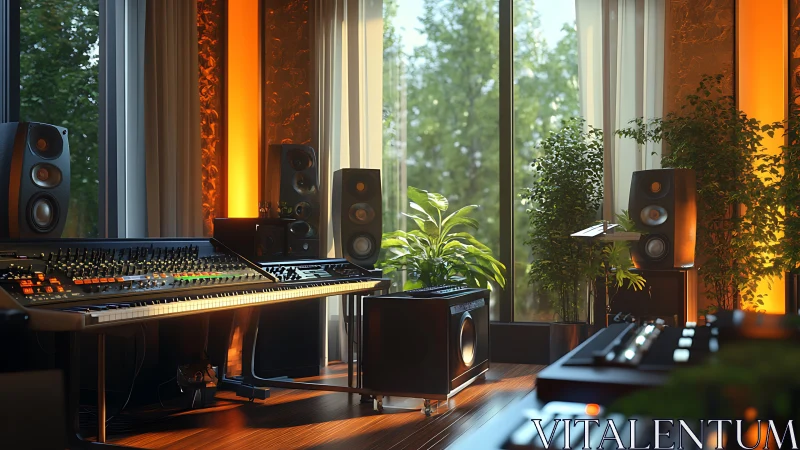 Sunlit music studio blending lush greenery and glowing sound.