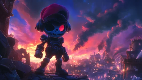Chibi skull soldier overlooks burning neon fantasy city.