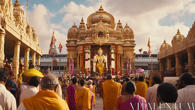 Golden Hindu temple procession under warm evening sky.