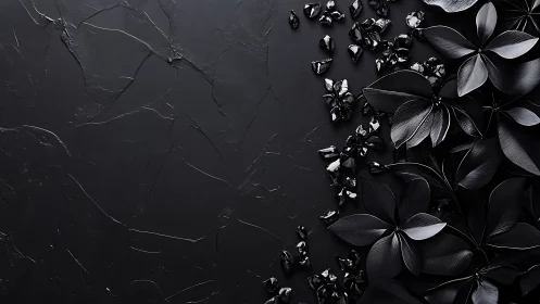 Nocturne petals and obsidian shards on velvet-black slate.