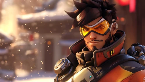 Snowlit sci fi hero pausing for a quiet winter moment.